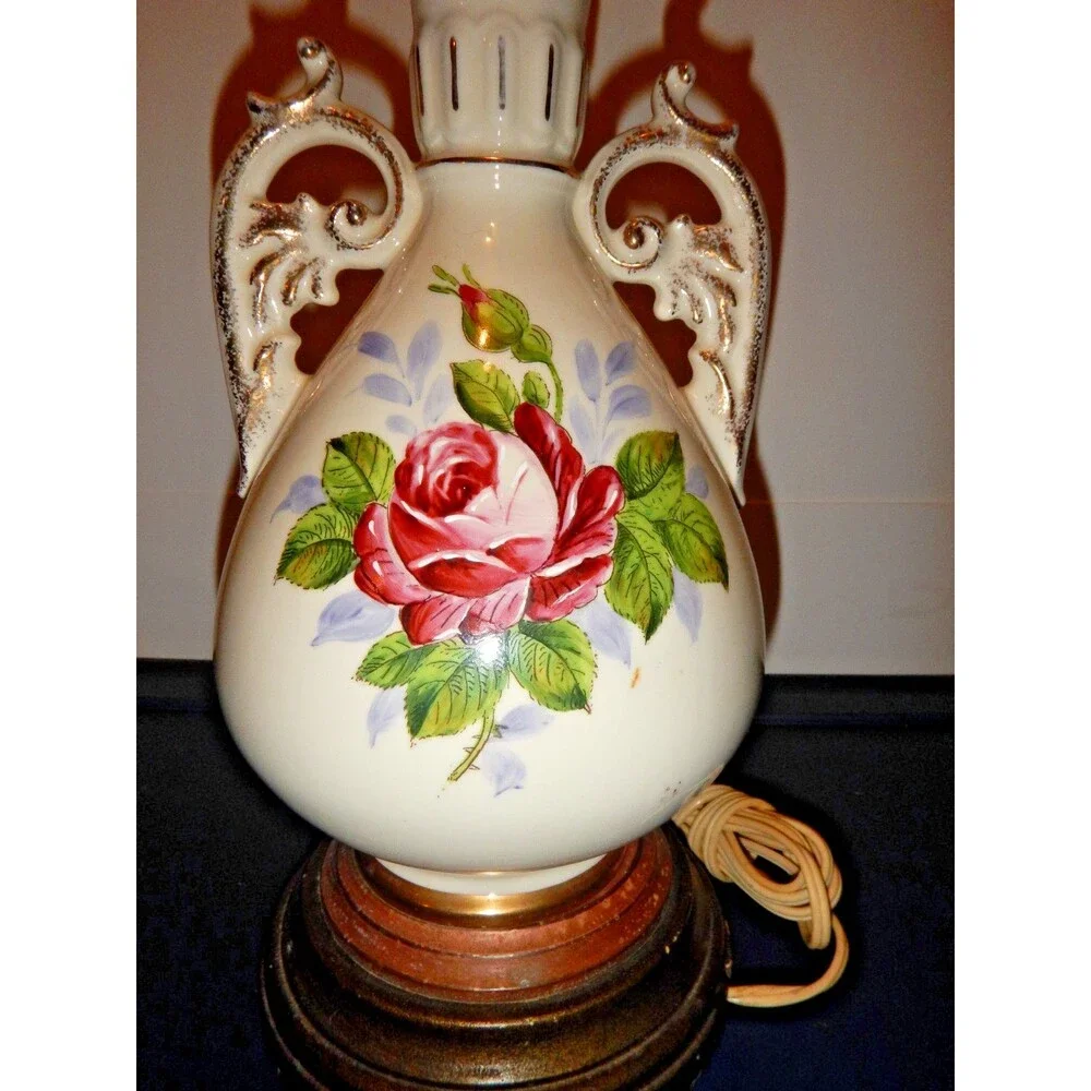 Vintage Porcelain Urn Table Lamp Roses Gold Scroll Handles Floral Hand Decorated